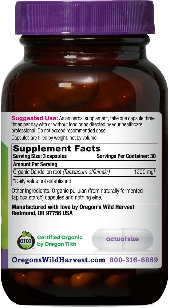 Dandelion organic 90ct capsules bottle right