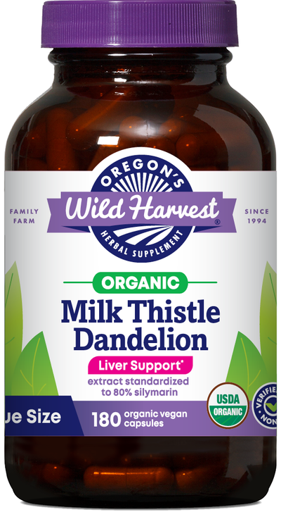 Milk Thistle Dandelion organic 180ct capsules bottle front