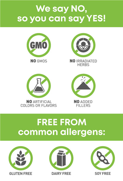 No GMOs, NO Irradiated Herbs, NO Artificial Colors or Flavors, NO Added Fillers, Gluten Free, Dairy Free, Soy Free