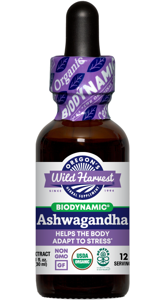 Ashwagandha organic 1oz Biodynamic Herbal Tonic bottle front