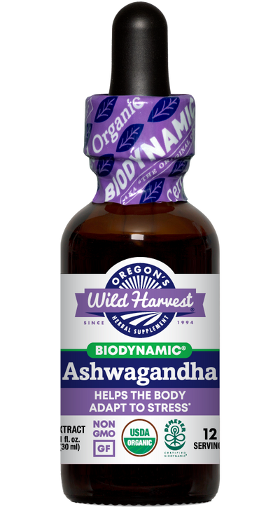 Ashwagandha organic 1oz Biodynamic Herbal Tonic bottle front