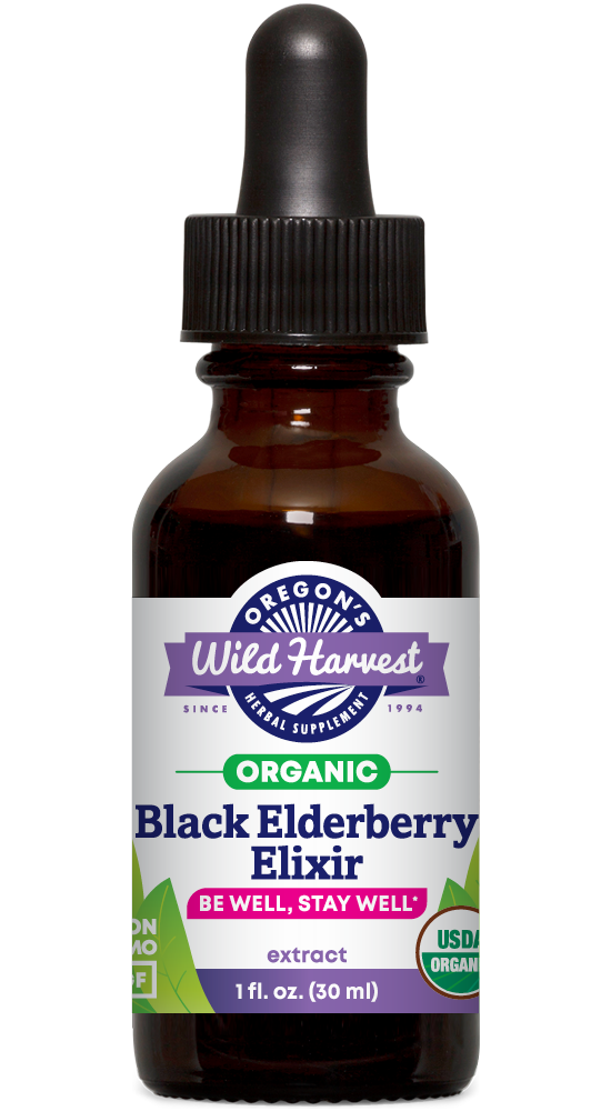 Black Elderberry Elixir 1oz organic extract bottle front