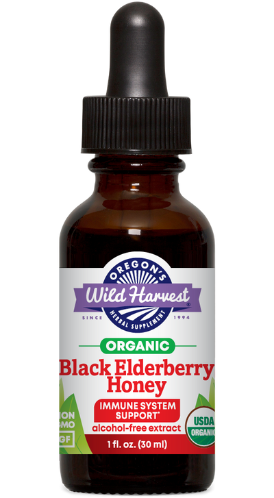 Black Elderberry Honey alcohol free organic 1oz extract bottle front