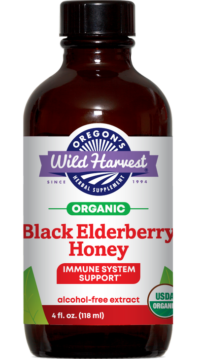 Black Elderberry Honey alcohol free organic 4oz extract bottle front