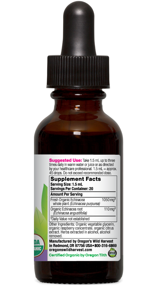 Premium Echinacea alcohol free organic 1oz extract bottle right