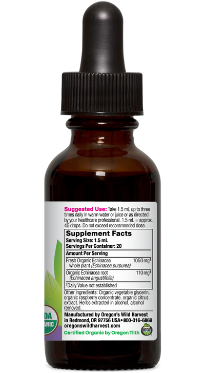 Premium Echinacea alcohol free organic 1oz extract bottle right