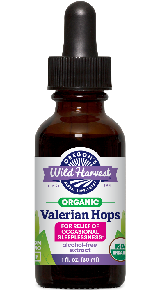 Valerian Hops alcohol free organic 1oz extract bottle front