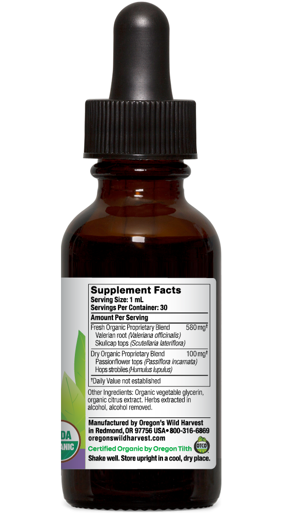 Valerian Hops alcohol free organic 1oz extract bottle right