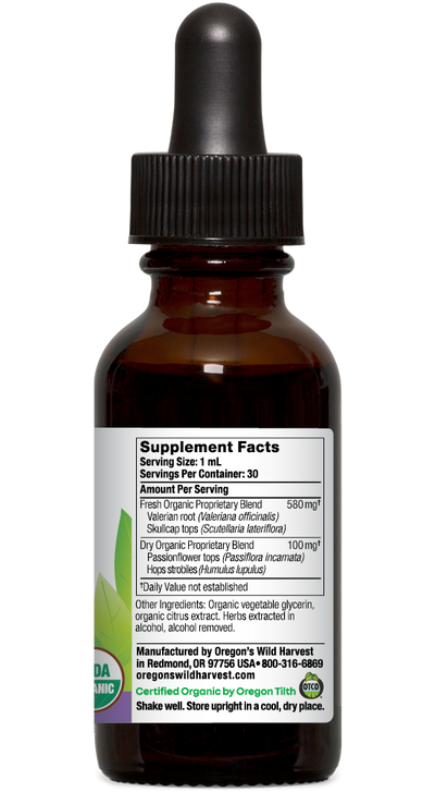 Valerian Hops alcohol free organic 1oz extract bottle right